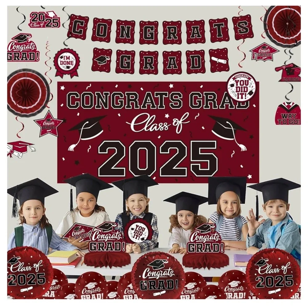 Graduation Party Decoration Set - Maroon and White
